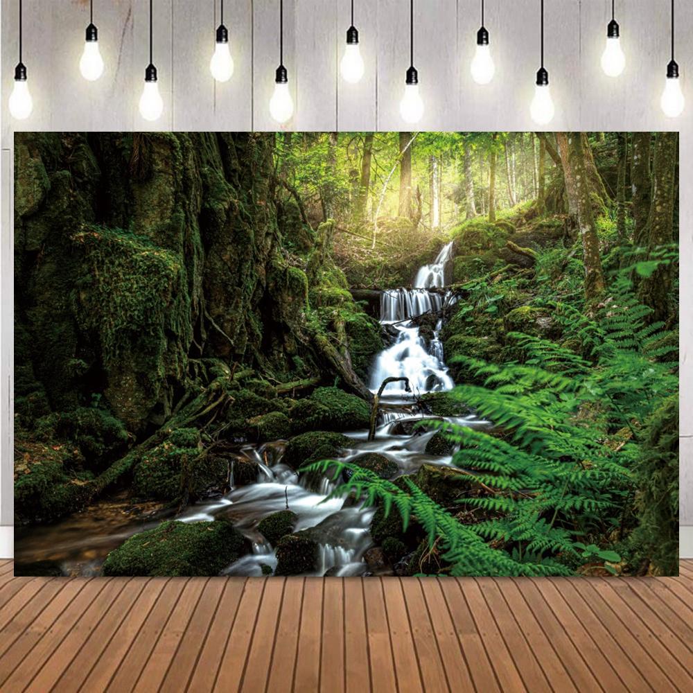 Forest Waterfall Scene Photograph Background Mossy Stream Tropical Rainforest Falls Home Decor Shower Portrait Shooting Backdrop3