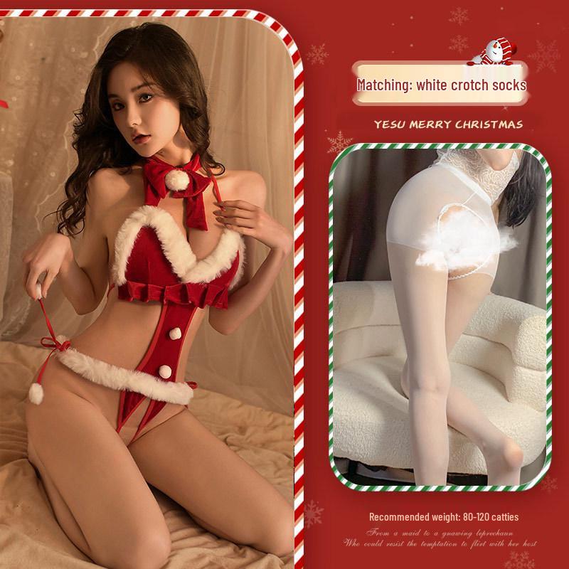 Red Christmas Lingerie Role Play Bodysuit: Open Crotch & Temptation