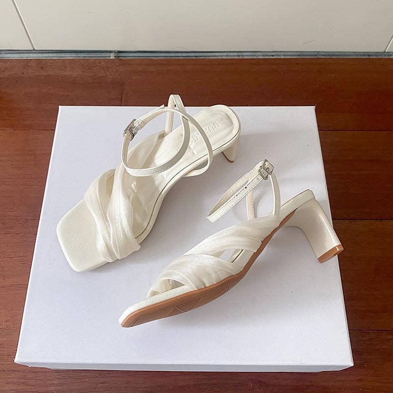 Summer Square Head with Sandals, Versatile Niche Design Silk High Heel Cool Slippers Women