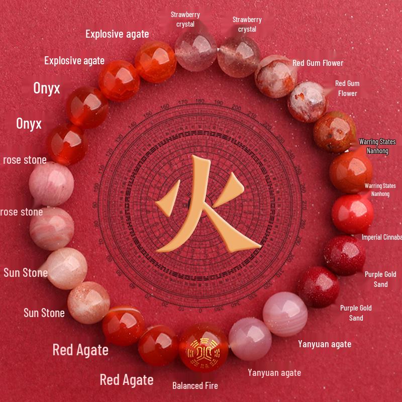 Five Elements Red Agate Fire Balance Bracelet with Cinnabar - Unisex Jade Crystal for Fire Element Support