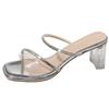 Transparent high-heeled slippers women's 2025 summer outer wear new fashion square crystal thick-heeled cool slippers