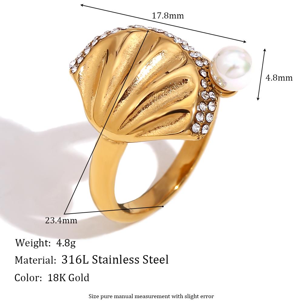 MamacitaSlay Exclusive Pearl Shell 316L Stainless Steel Ring Ocean Style Waterproof Jewelry Women's Charm 18K Gold Plated Ring