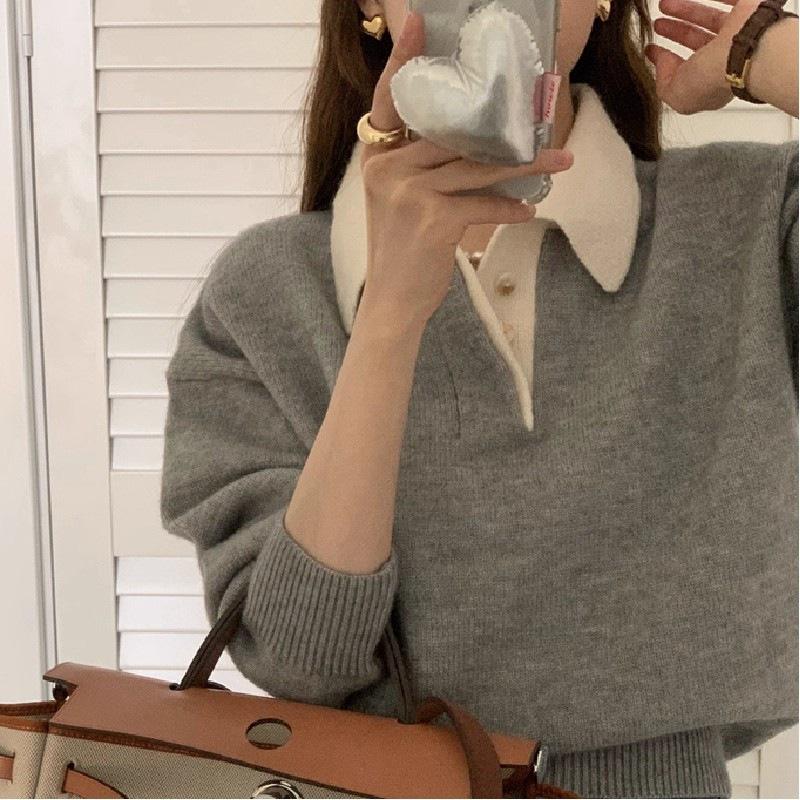 Korean Style Casual Slimming Long Sleeve Color Block Polo Collar Knit Sweater for Women