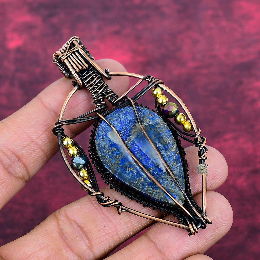 Lapis Lazuli Pendant Handmade Real Gemstone Jewelry Copper Wire Wrapped Pendant