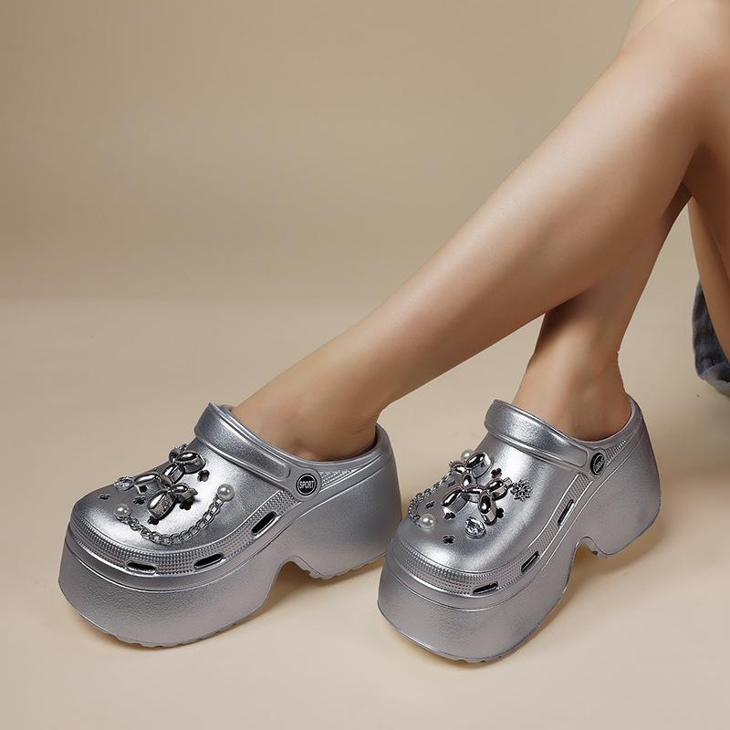 Silver Color Platform Slippers For Women Summer High Heel Shoes Thick Sole DIY Dog Girls Beach Slides Fashion Street Sandals