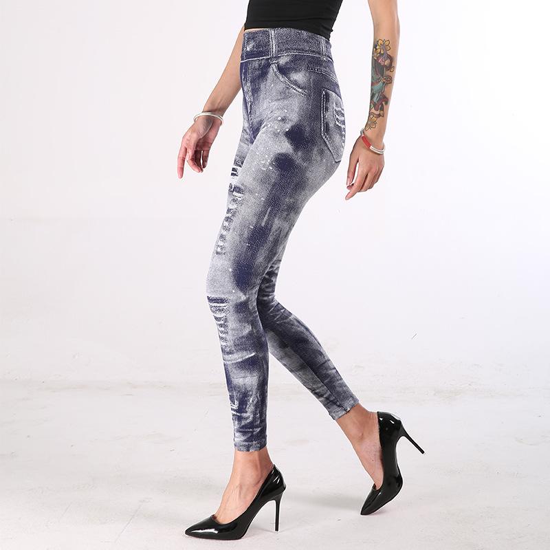Women Slim Cropped Trousers Elasticity Casual Pants Imitation Denim High Waist Push Up Leggings