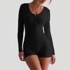 European American Style Ribbed Solid Color U Neck Buttoned Tight Sports Yoga One Piece Jumpsuit