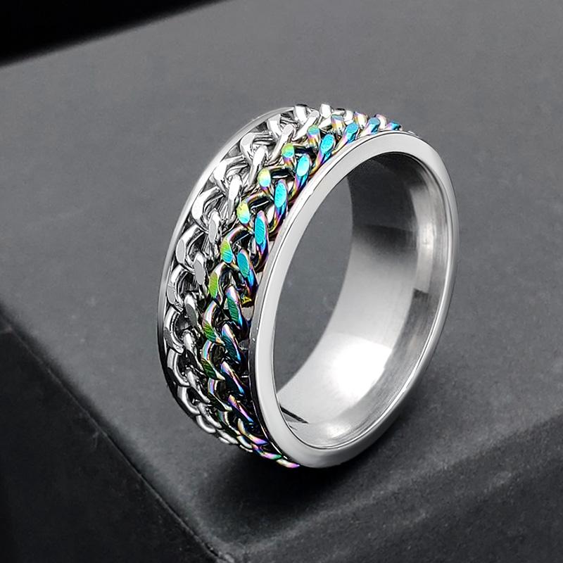 Spin Rotating Anxiety Fidget Titanium Rings For Men Colorful Stainless Steel Chain Finger Men Ring Punk Rock Hippie Accessory