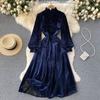 Abito da festa in velluto vintage da donna autunno inverno di alta qualità, colletto alla coreana, abiti lunghi midi in velluto casual
