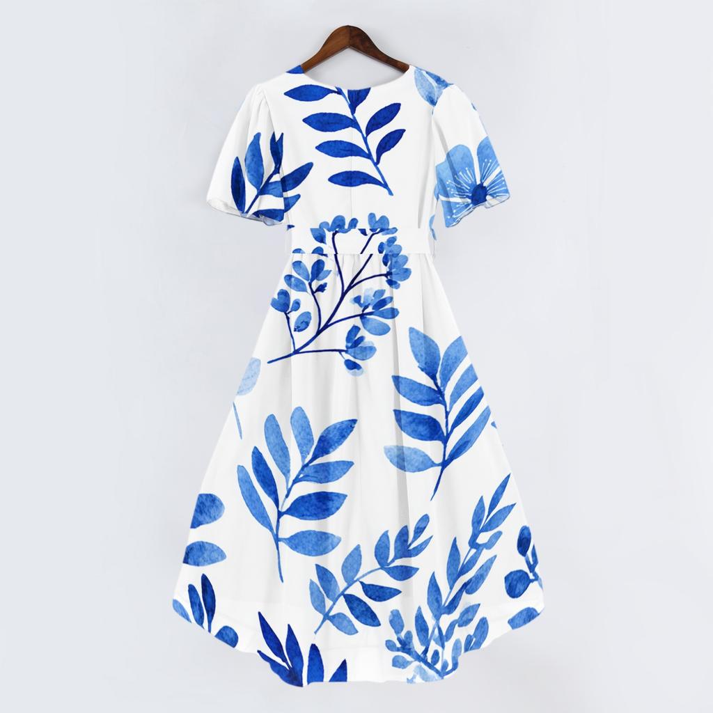 Damen Lässiges V-Ausschnitt Kurzarm Blumenprint Midi-Kleid Leichtes Sommerkleid mit A-Linien-Rock für den täglichen Gebrauch