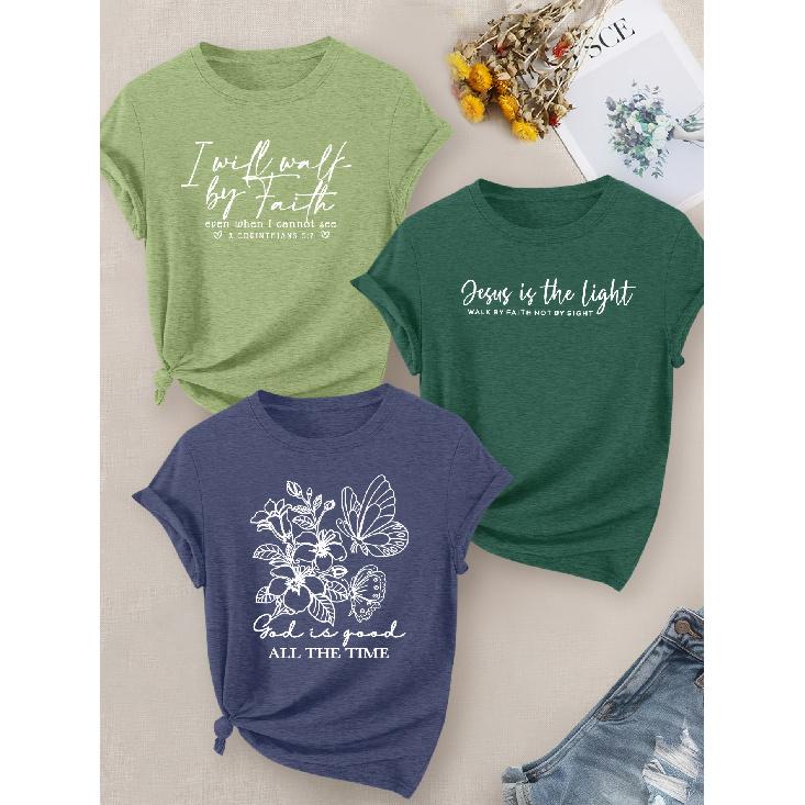 Elegant Party Women's Clothing3Matching Set for Sisters with Floral and Letter Pattern Print, Round Neck, Women's Short-sleeve for Spring, Summer,