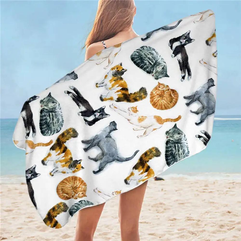 BeddingOutlet Cartoon Cat Towel Bathroom for Kids Cute Animal Beach Towel Black White Microfiber Blanket Watercolor Pet Toalla