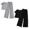 Women T-shirt Trousers Set 2 Pcs/Set Pants Solid Color Round Neck Short Sleeves Elastic Lady Top Waist Wide Leg Homewear Drawstring Suit Clothes