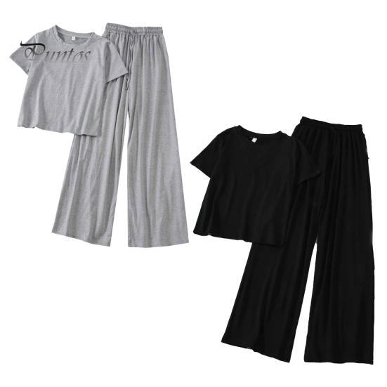 Women T-shirt Trousers Set 2 Pcs/Set Pants Solid Color Round Neck Short Sleeves Elastic Lady Top Waist Wide Leg Homewear Drawstring Suit Clothes