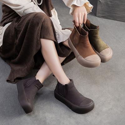 Genuine Leather Lightweight Slip-on Ankle Boots Retro Round Toe Thick Soled Women's Shoes