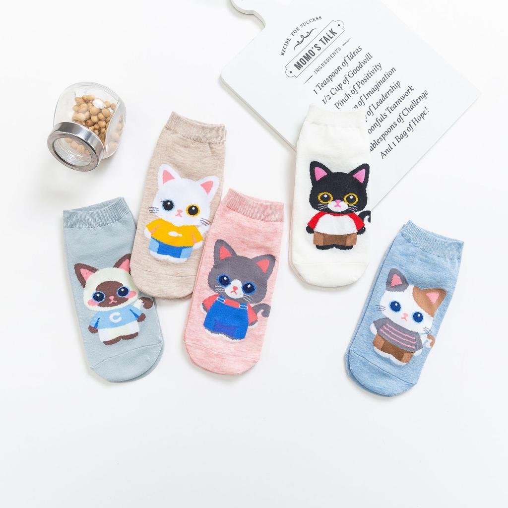 5PCS/set of Five Pairs of Cute and Comfortable Cartoon Cat Socks - Breathable and Sweat-absorbing Animal Pattern Casual Socks