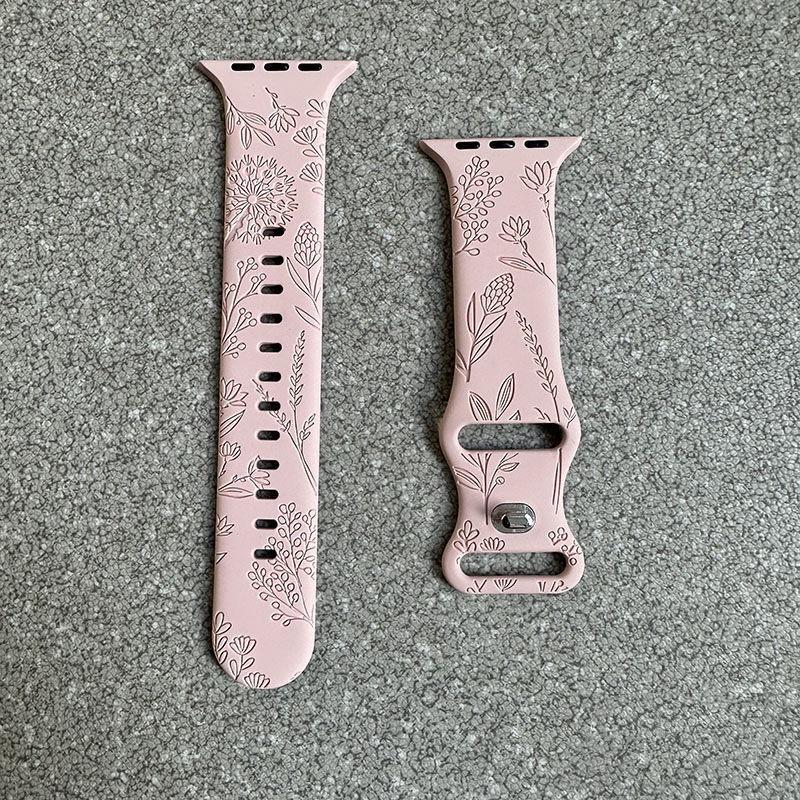 

Силиконовый ремешок для часов для Apple Watch Band Модный узор Гравировка цветов 49/44/45/40/42/38 мм iWatch Series Ultra Band 42/44/45/49 mm розовый