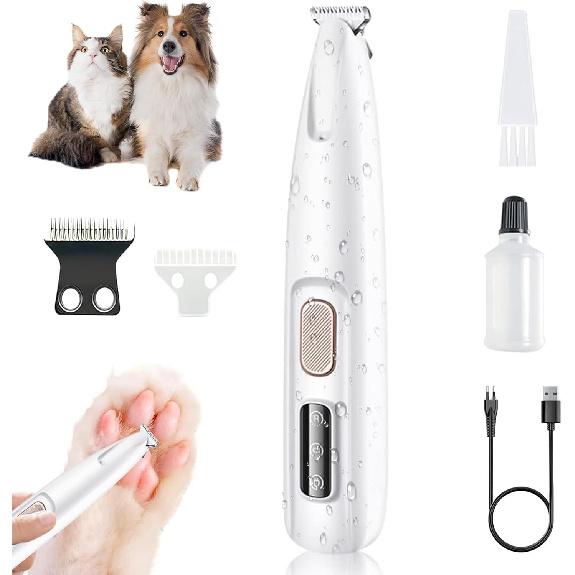 Dog Paw Trimmer with LED Light and Display, 2 Speed 35dB Low Noise Pet Hair Clipper, USB Rechargeable Waterproof Shaver for Dogs Cats