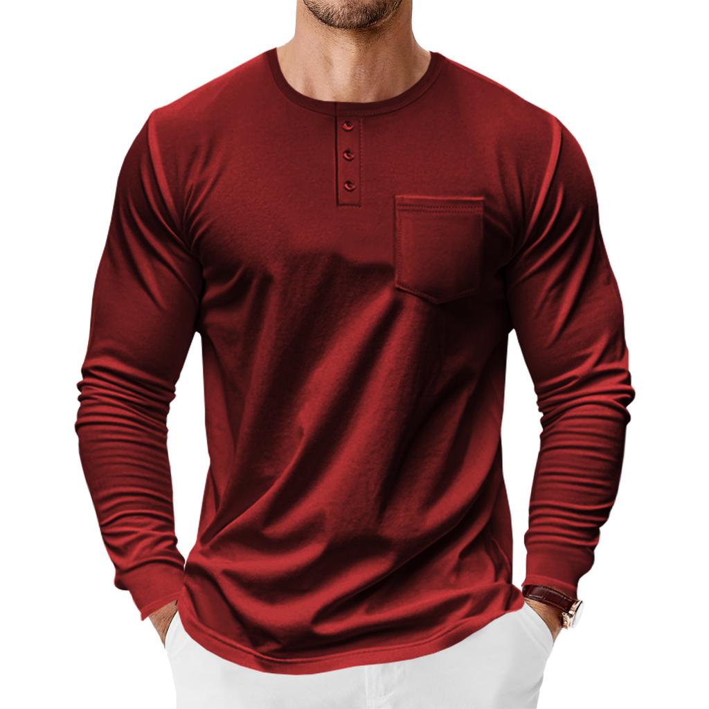 Mens Long Sleeve Henley Shirt Loose Fit Pocket Tee For Spring Autumn