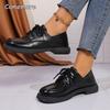 Fashion Fashion Pu Leather Loafers Women 2025 Non Slip Black Lace Up Mid Heel Pumps Square Toe Platform Casual Shoes Zapatos De Mujer
