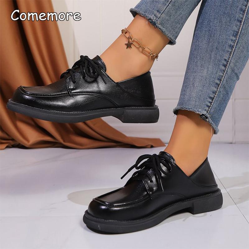 Fashion Fashion Pu Leather Loafers Women 2025 Non Slip Black Lace Up Mid Heel Pumps Square Toe Platform Casual Shoes Zapatos De Mujer