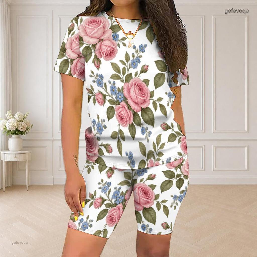 Women Plus Size White Floral Printed Round Neck Short Sleeve Top Fitted Shorts Two Piece Set