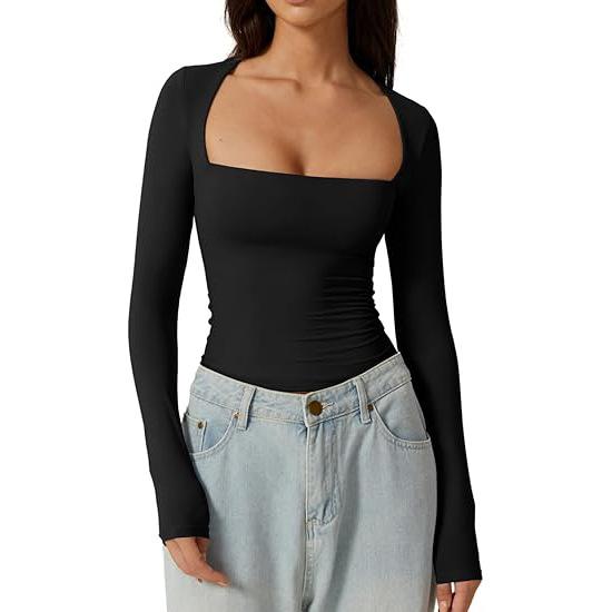 European and American style women s square-neck shirt, autumn top, long-sleeved T-shirt, slim-fit pullover, milk silk T-shirt, elegant and stylish XS