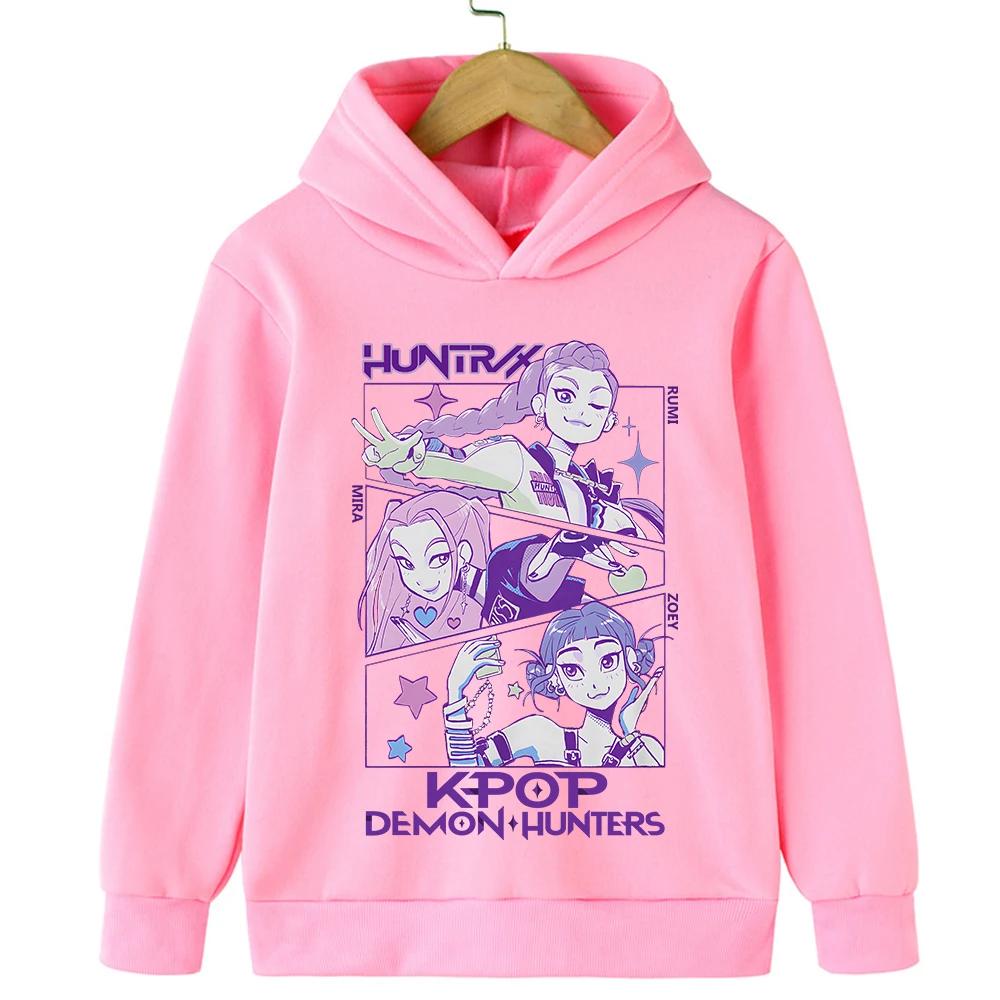 Sweat à capuche dessin animé mignon KPop Chasseur de démons Filles Chaud Rumi Enfants Vagues Hauts décontractés Décontracté Vêtements Noir Rose