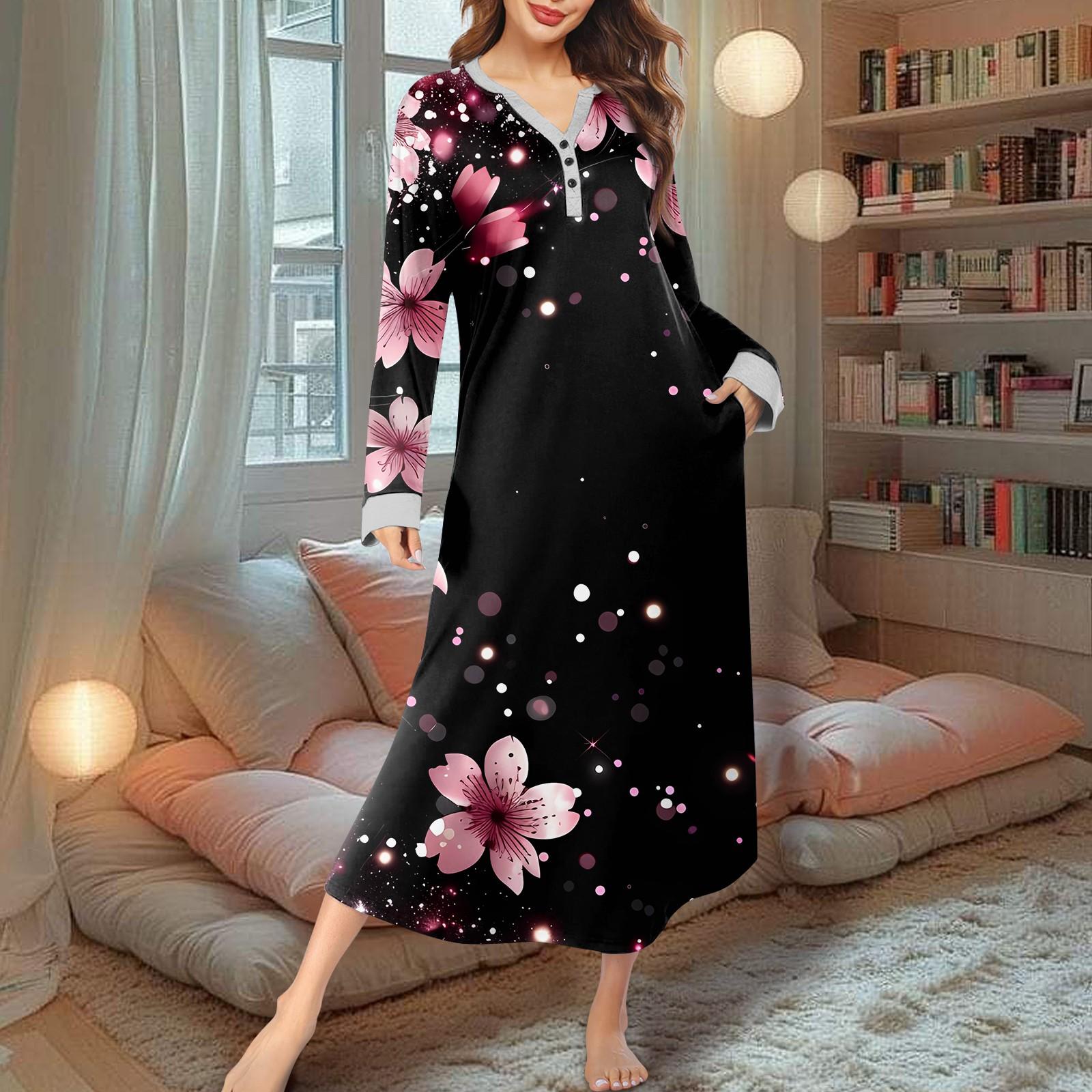 

Женская ночная рубашка, модный принт, длинный домашний халат, пижама с V-образным вырезом и карманами, платье XL чёрный