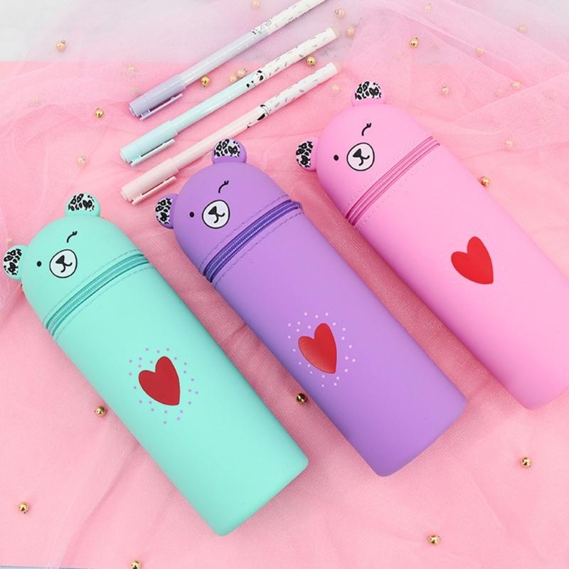 Cartoon Bear Pen Bag Large Compartment Zippered Silicone Pencil Case Standing Up Pen Holder Pencil Bag Gift for Student