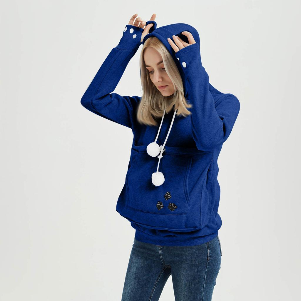 Women's Fashion Casual Top Solid Color Long Sleeve Pet Pocket Hoodie Sweatshirt