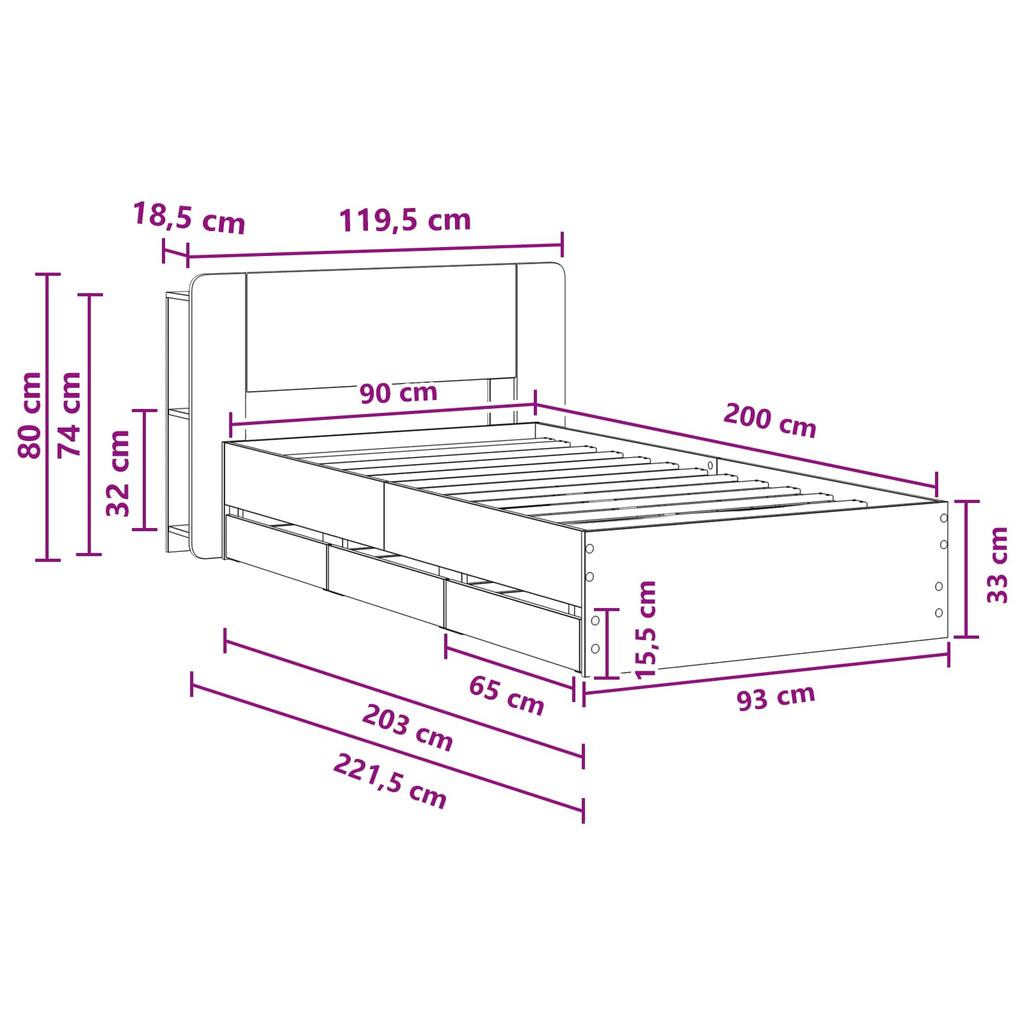 Bed Frame with Storage Space Grey Sonoma 90 X 200 Cm Particleboard