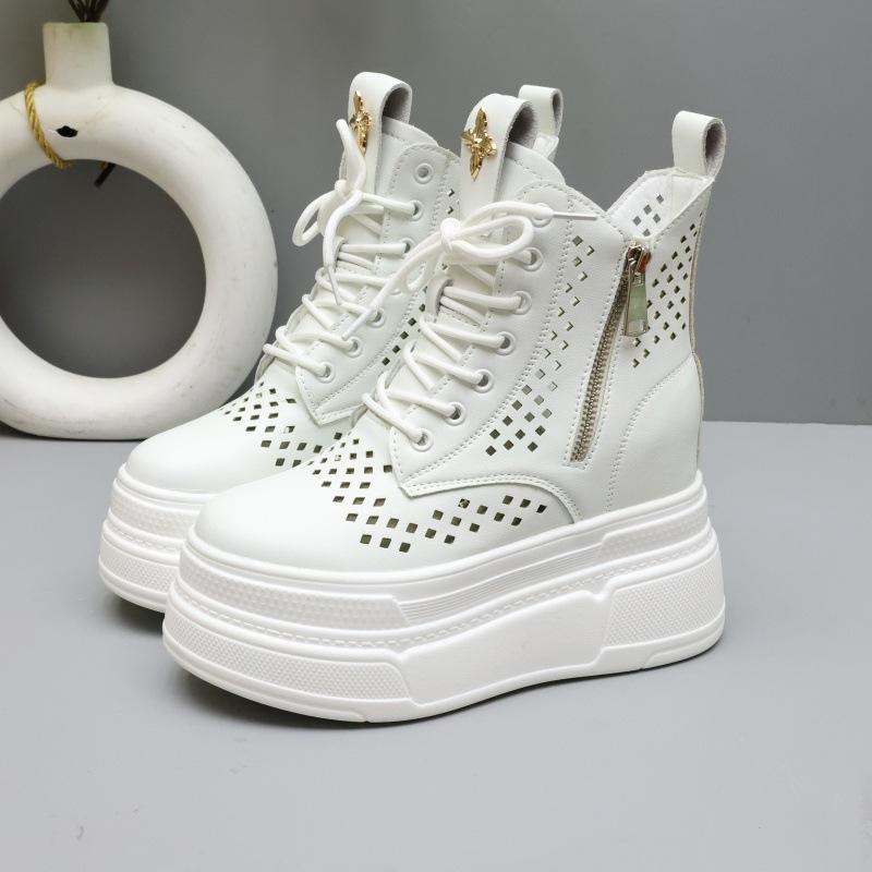 White hollow breathable Martin boots women's thick-soled inner height-increasing short boots versatile small handsome boots