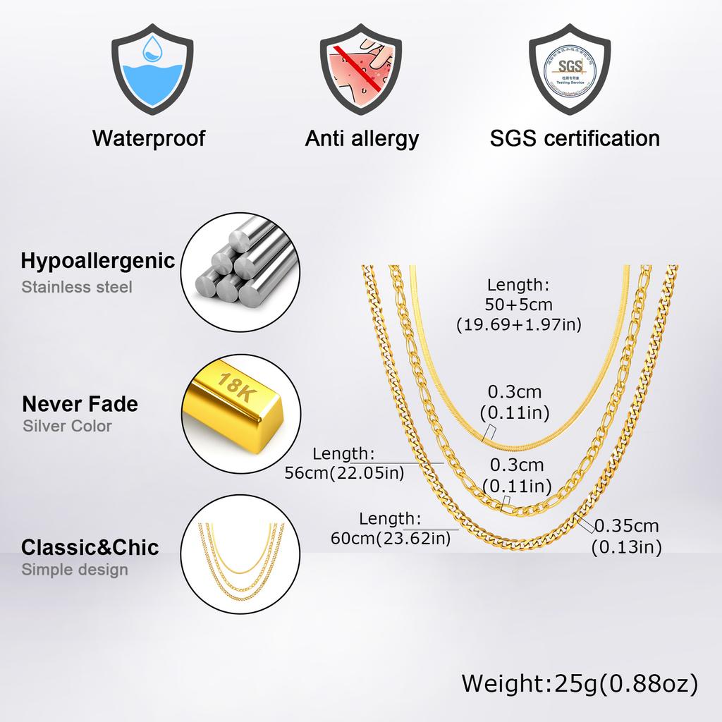 Vnox Set de Collar de Cadena 50/55/60 cm, Color Plata Oro Acero Inoxidable Collar Básico, 3 Piezas/set Joyería de Collar Regalo para Hombres Mujeres