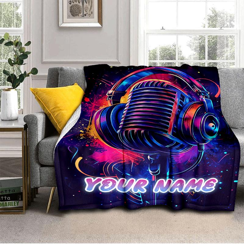1PC Custom Name Music Headphones Neon Art Flannel Blankets Patterns Throw Blanket All-Season Soft Gift for Couch, Bed, Camping Gifts