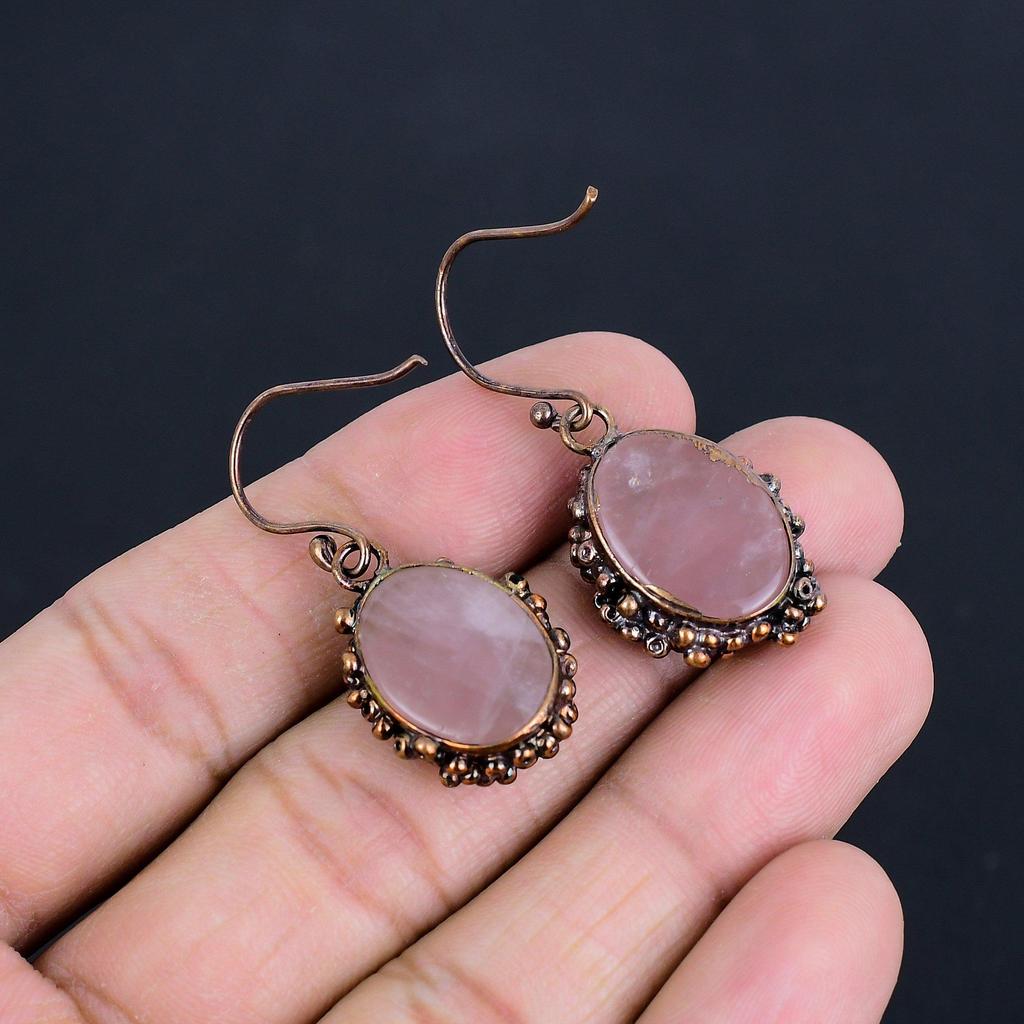 Rose Quartz Copper Electroformed Earrings, Handmade Gemstone Earrings Jewelry, Gifts For Wife Brand New Earrings