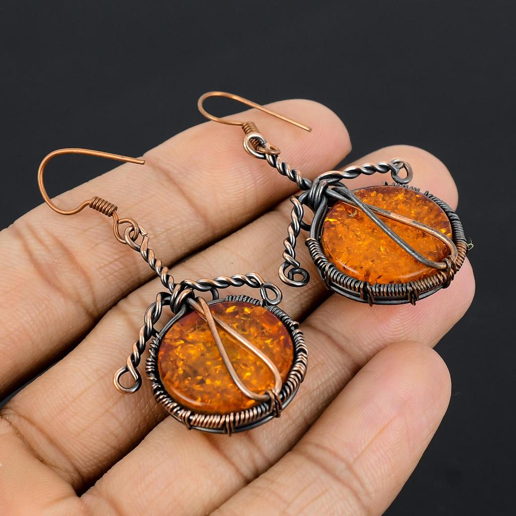Baltic Amber Earrings, 999 Copper Wire Wrapped Gemstone Jewelry, Handmade Earrings For Mother Day