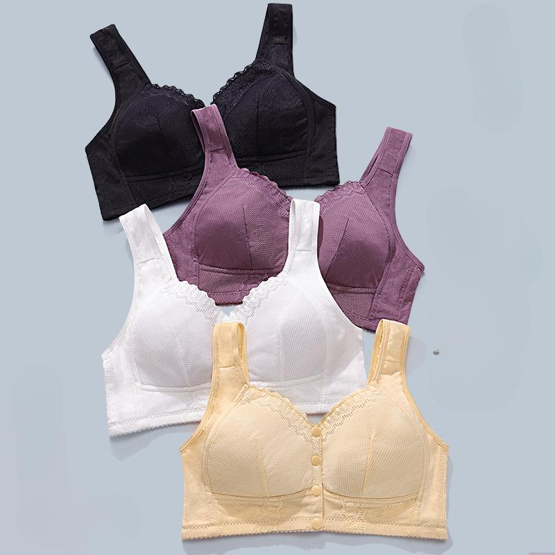 Middle-aged & Elderly Front Buckle Cotton Bra Thin Cup Wire-free Design Oversized Comfort Fit Elegant Lace Undershirt Type Underwear