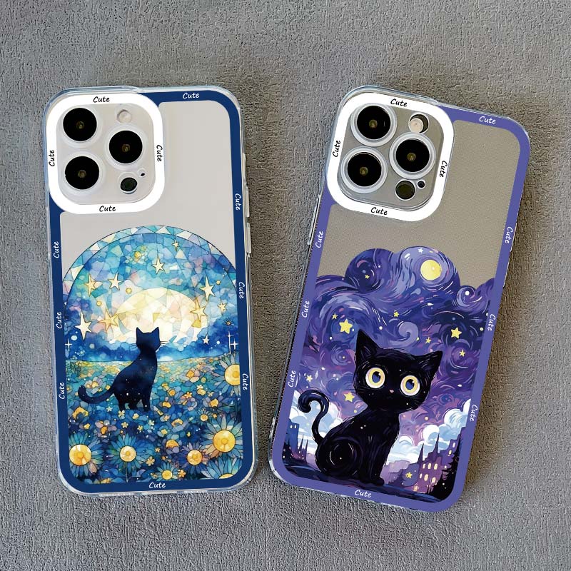 Coque de téléphone Chat Ciel Étoilé pour iPhone 13 12 Pro Max 15 14 Pro Max Plus 11 XR XS X 8 7 Plus SE 2020 Coque Arrière Souple Transparente Fundas