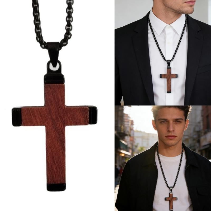 Handcrafted Wood And Stainless Steel Crucifix Pendant Necklace For Men And Boys Unique Design Natural Texture