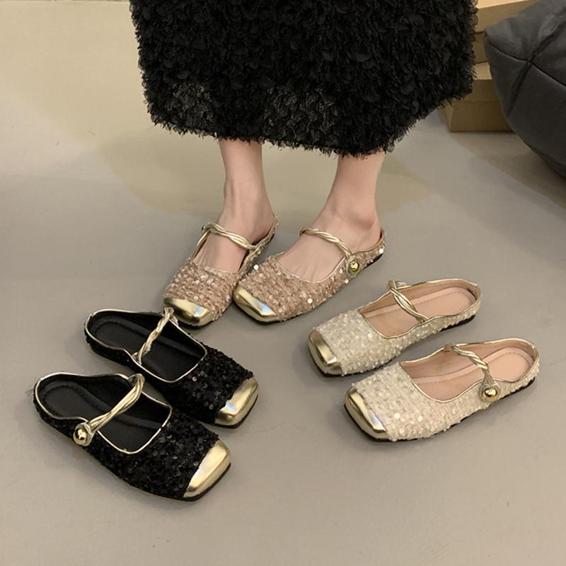 Fashion Female Shoes Slippers Flat Mules For Women 2025 Shallow Slides Cover Toe New Mary Janes Bling Mules For Women 2025 Female Shoes