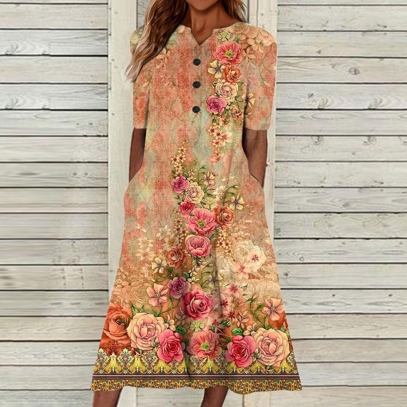 

Summer Dress For Women 2023 Casual Printed V-Neck Short-Sleeve Beach Swing Dress XXL помаранчевий