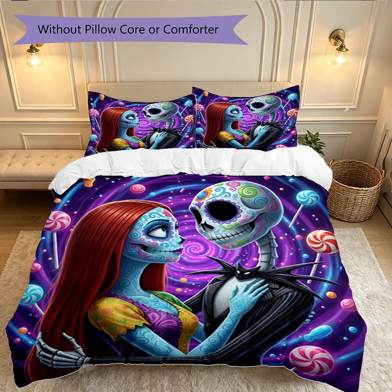 3pcs Halloween Jack Sally Skull Bedding Set for All Season Use, Cozy Printed Bedclothes Suitable For Bedroom Ideal Birthday Gift for Family