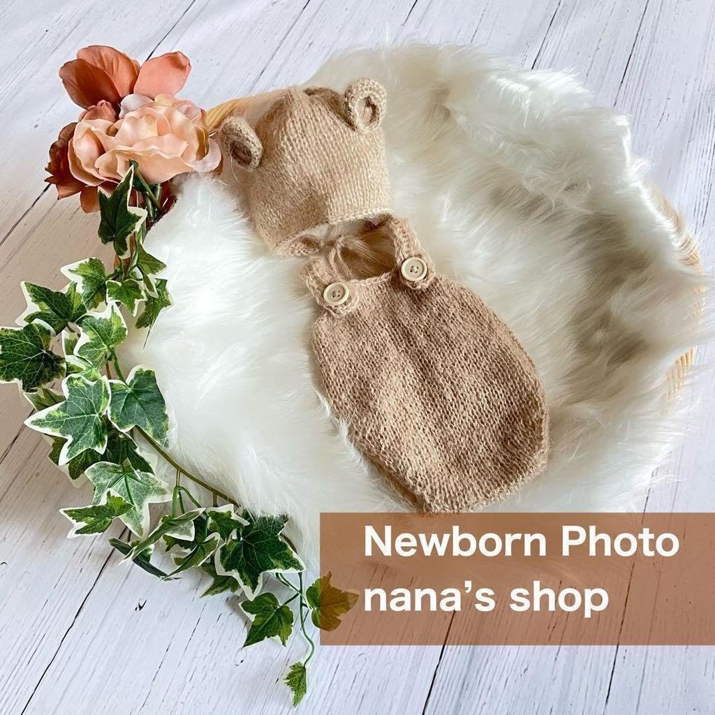 Baby Knit Outfit Bear Ear Bonnet Hat and for Newborn Photo Half 100th Day Celebration 6 Months [NANA's Shop] Set, Overalls, Shoot, Beige, White, Gray,