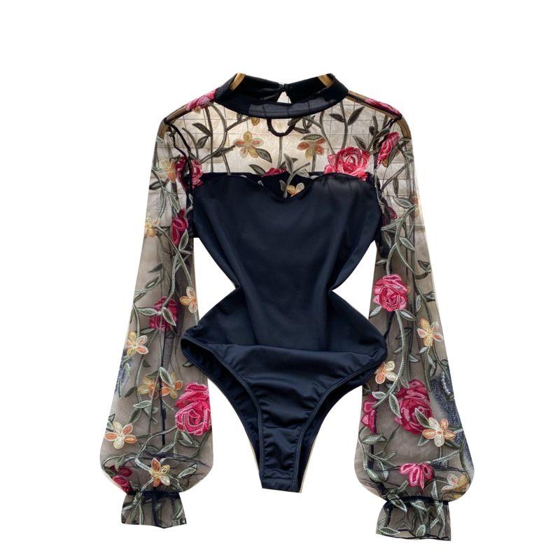 Fashion Ins Sexy Long Sleeve Mesh Embroider Stitching Jumpsuit Female Silm Slim Looking Pure Desire Sexy Base Tops