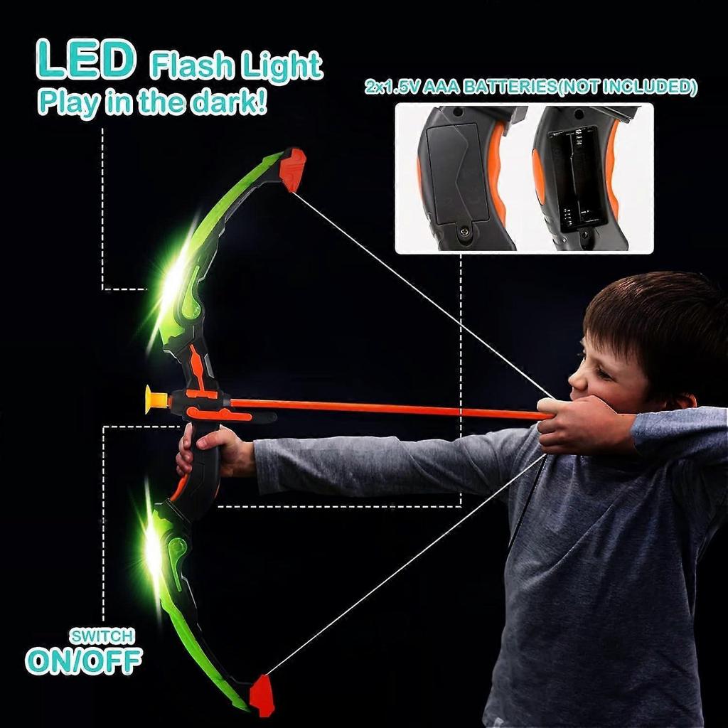 Sada luku a šípů pro děti, lukostřelecká sada s LED světlem, 10 šípů s přísavkami, terče, toulce, Zelená, Vnitřní venkovní zahradní hry