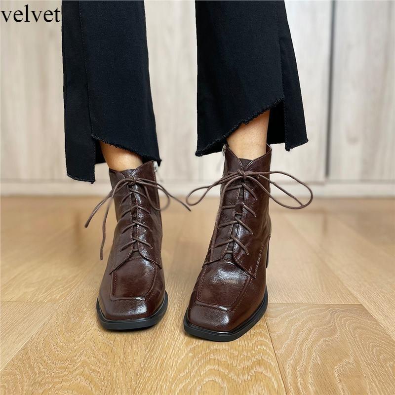 Quiet Sole Soft Leather Ankle Boots Women's Autumn Winter Thick Heel High Heel Lace-up Ankle Square Head High Heel Short Boots