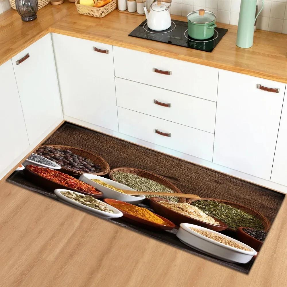 Tappetini per Pavimento Cucina di Casa con Motivo di Ingredienti e Spezie Decorazione Ingresso Tappetini per Pavimento