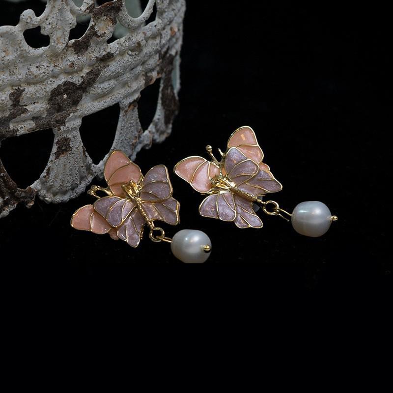 1Pair Purple Dream Butterfly Pearl Stud Earrings Korean Exquisite Gentle Sweet Earring For Women Girl Party Wedding Jewelry Gift