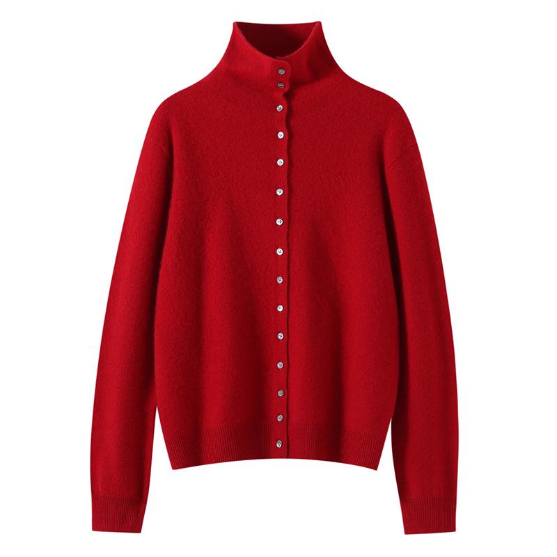 Women's High-Neck Cashmere Knit Cardigan - Solid Color, Single-Breasted, Loose Fit, Slimming Winter Coat